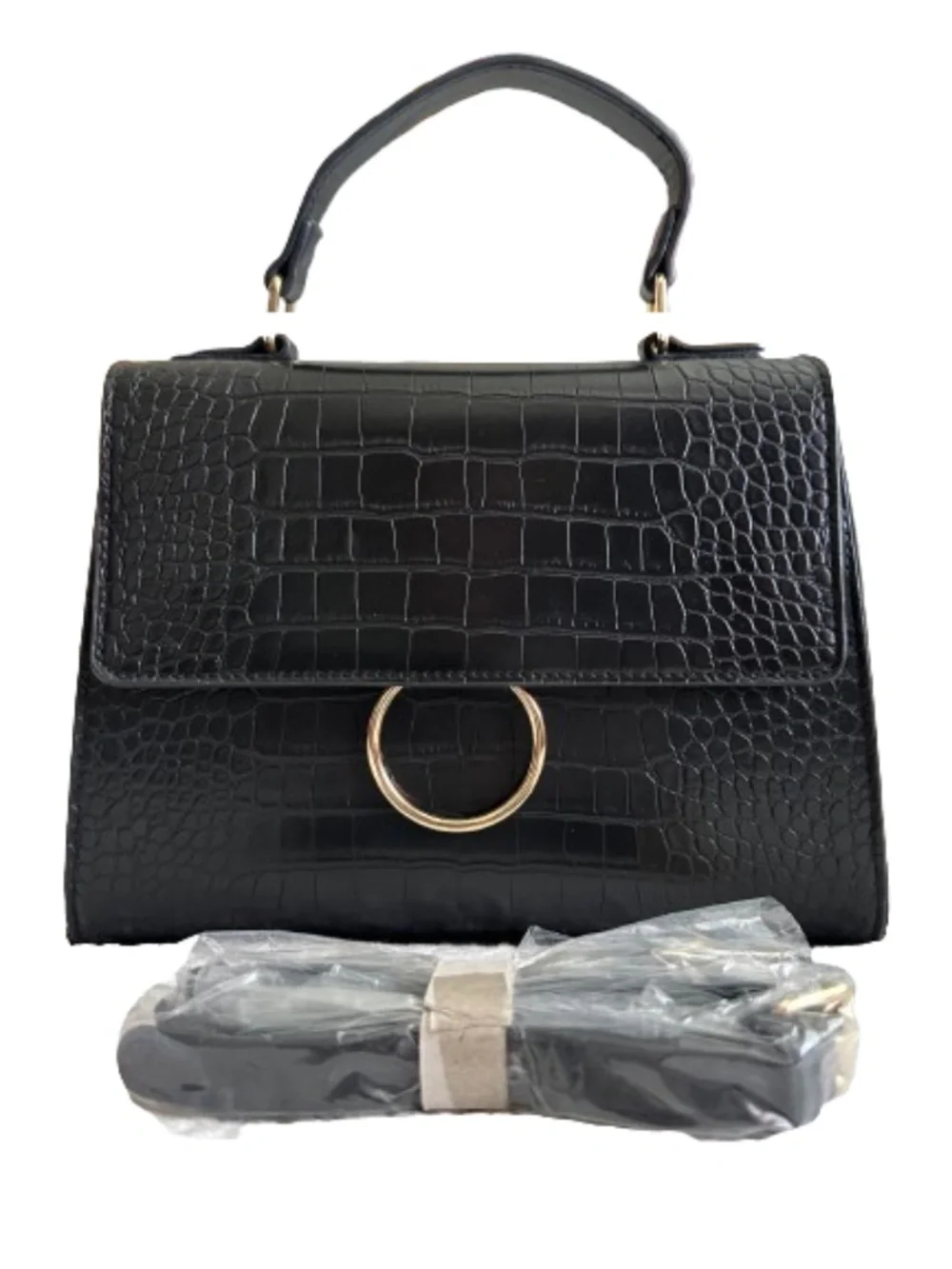 like dreams Small Black Croc-Embossed Top Handle Satchel with Gold Ring & Strap